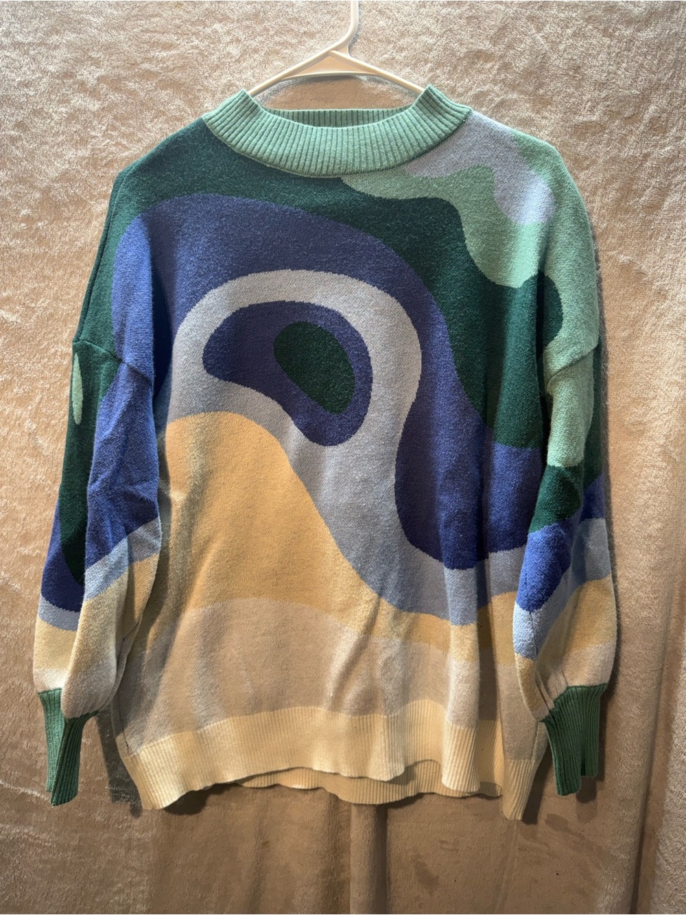 Abstract Multi-Color Crewneck Sweater in Green, Blue & Cream